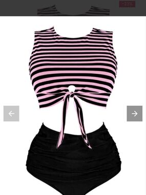 Pink & Black 1970s Striped Waist Tie Patchwork Swimsuit